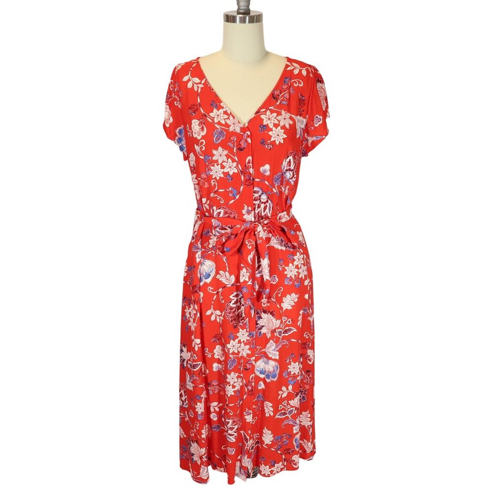 TALBOTS Floral Button Front Belted Midi Dress 10 Brunch Preppy Cottagecore